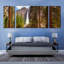 Load image into Gallery viewer, california  waterfall  canvas  wall  art  brown  mountain  waterfall  scenery  canvas  print  yosemite  waterfalls  green  forest  3  piece  canvas  set In Bedroom
