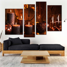 Load image into Gallery viewer, champagne atmosphere canvas wall art brown champagne candlelight canvas print orange champagne glasses 4 piece multi canvas artwork In Your Living Room
