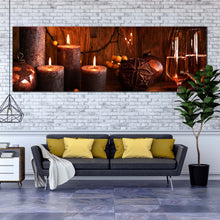 Load image into Gallery viewer, champagne  candlelight  canvas  wall  art  orange  champagne  in  christmas  panoramic  canvas  print  champagne  and  brown  candles  canvas  artwork In Living Room
