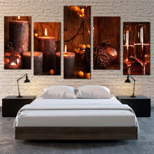 Load image into Gallery viewer, champagne candles canvas print orange champagne glasses 5 piece canvas wall art brown champagne candlelight multiple canvas For Bedroom
