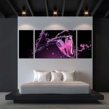 Load image into Gallery viewer, champagne  celebrate  canvas  wall  art  purple  red  champagne  splash  3  piece  multi  canvas  champagne  glasses  clicking  canvas  print In Bedroom
