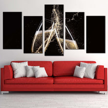 Load image into Gallery viewer, champagne drink canvas print champagne glasses with white splash 5 piece canvas yellow champagne celebration canvas wall art For Living Room
