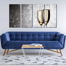 Load image into Gallery viewer, champagne drink canvas wall art black yellow wine glasses 4 piece canvas print still life golden wine glass multiple canvas In Living Room
