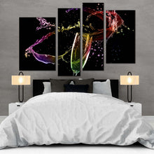 Load image into Gallery viewer, champagne glass canvas wall art yellow alcohol splash swirl canvas print black background champagne with splash 3 piece canvas In Bedroom
