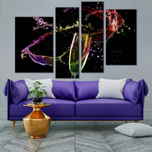 Load image into Gallery viewer, champagne glass canvas wall art yellow alcohol splash swirl canvas print black background champagne with splash 3 piece canvas For Living room
