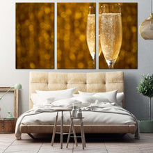Load image into Gallery viewer, champagne night canvas wall art yellow sparkling champagne 3 piece multiple canvas champagne glasses triptych canvas print In Bedroom

