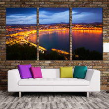 Load image into Gallery viewer, city beach canvas wall art blue sky spain print la concha bay serene 3 piece canvas print In Living Room
