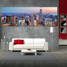 Load image into Gallery viewer, city  skyline  canvas  wall  art  empire  state  building  canvas  artwork  blue  new  york  cityscape  canvas  print  midtown  manhattan  yellow  sunset  sky  1  piece  canvas In Living Room
