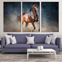 Load image into Gallery viewer, classic horse canvas wall art chestnut horse 3 piece canvas print black brown horse running forward triptych canvas set For Living Room
