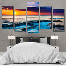 Load image into Gallery viewer, cloudy ocean canvas wall art blue sea waves multiple canvas hawaiian orange sunset 5 piece canvas print For Bedroom
