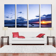 Load image into Gallery viewer, cloudy ocean canvas wall art dramatic yellow sky ocean 4 piece canvas print cadillac mountain blue ocean multiple canvas In Living Room
