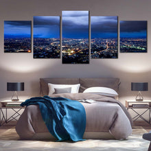 Load image into Gallery viewer, cloudy skyline canvas print yellow cityscape lights multiple canvas dramatic blue sky 5 piece wall art for Bedroom
