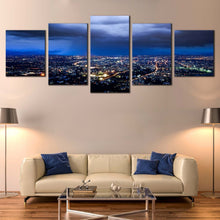 Load image into Gallery viewer, cloudy skyline canvas print yellow cityscape lights multiple canvas dramatic blue sky 5 piece wall art for Living Room
