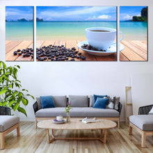 Load image into Gallery viewer, coffee  beans  wall  art  blue  ocean  clouds  multi  canvas  white  coffee  cup  3  piece  canvas  print  for Living Room
