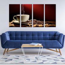 Load image into Gallery viewer, coffee cup canvas wall art brown coffee beans multiple canvas white coffee mug smoke 4 piece canvas print In Living Room
