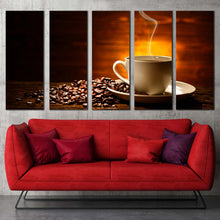 Load image into Gallery viewer, coffee mug canvas print coffee smoke canvas set brown coffee beans 5 piece canvas white coffee cup canvas print For Living room
