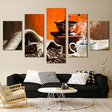 Load image into Gallery viewer, coffee mug canvas wall art white coffee cup canvas print brown coffee sack 5 piece multi canvas For Living Room
