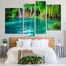 Load image into Gallery viewer, croatia nature canvas wall art national park blue lake waterfall multi canvas green forest waterfall scenery 4 piece canvas print for bedroom
