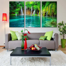 Load image into Gallery viewer, croatia waterfall canvas wall art blue plitvice lakes 3 piece canvas print green nature waterfall scenery canvas set For Living Room
