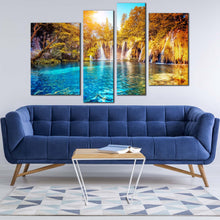 Load image into Gallery viewer, croatia waterfall canvas wall art yellow trees sunset 4 piece canvas lakes national park waterfall canvas print blue water europe nature canvas set in living room
