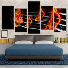 Load image into Gallery viewer, curved music canvas wall art isolated music notes 5 piece multi canvas red burning music canvas print black modern abstract music canvas set For Bedroom
