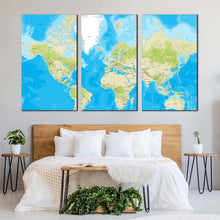 Load image into Gallery viewer, detailed map canvas print abstract flat world canvas multiple canvas blue green world map 3 piece canvas wall art In Living Room

