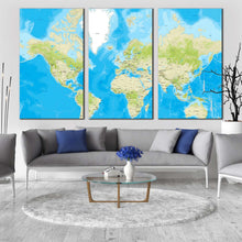 Load image into Gallery viewer, detailed map canvas print abstract flat world canvas multiple canvas blue green world map 3 piece canvas wall art For Living Room
