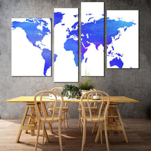 Load image into Gallery viewer, detailed map canvas wall art blue purple world map digital canvas art abstract world 4 piece multi canvas
