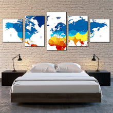 Load image into Gallery viewer, detailed map canvas wall art colorful map of continents 5 piece canvas world map digital canvas art flat world multiple canvas For Your Bedroom
