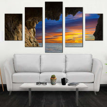 Load image into Gallery viewer, dramatic clouds canvas wall art orange blue sky ocean arches 5 piece canvas print brown cave ocean mountain canvas set For Living room
