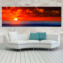 Load image into Gallery viewer, dramatic  clouds  canvas  wall  art  red  sky  ocean  1  piece  canvas  print  blue  ocean  waves  wide  canvas In Living Room

