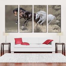 Load image into Gallery viewer, dramatic horses canvas wall art dramatic horses 4 piece canvas print brown white black fast horses canvas set In Living room
