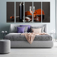 Load image into Gallery viewer, drink glasses canvas wall art black wine bottle 5 piece multiple canvas brown violin wine glass canvas print For Bedroom
