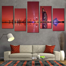 Load image into Gallery viewer, dubai city reflection canvas print blue black city wall art united arab emirates red sky 5 piece canvas for Living room
