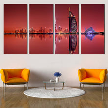 Load image into Gallery viewer, dubai lights canvas print blue city reflection multi canvas united arab emirates red sky 4 piece wall art In Living room
