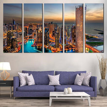 Load image into Gallery viewer, dubai marina orange sky city skyline canves print marina city 5 piece canvas wall art In Living Room

