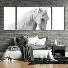 Load image into Gallery viewer, elegant  horse  canvas  print  white  grey  horse  portrait  3  piece  multi  canvas  horse  close  up  canvas  wall  art In Bedroom
