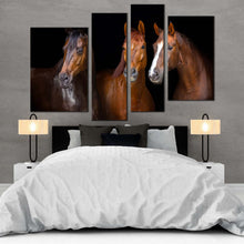 Load image into Gallery viewer, elegant horses canvas print elegant group horses 4 piece canvas isolated horses black background canvas set brown horses portrait canvas wall art
