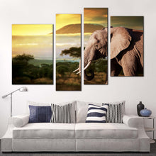 Load image into Gallery viewer, elephant animal canvas print yellow sunset elephant scenery 4 piece canvas wall art brown elephant profile multiple canvas in living room
