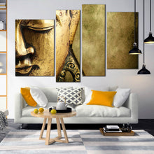 Load image into Gallery viewer, enlightened buddha wall art gold buddha meditation canvas print peaceful buddha close up 4 piece canvas set for Living Room

