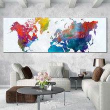 Load image into Gallery viewer, flat  earth  canvas  print  white  background  abstract  world  map  canvas  artwork  colorful  flat  world  panoramic  canvas  wall  art In Living Room
