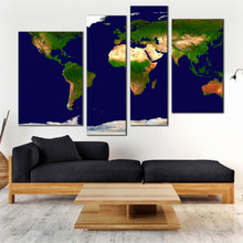 Load image into Gallery viewer, flat earth canvas wall art blue green world map digital painting 4 piece canvas set map of continents canvas print for living room
