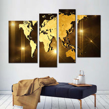Load image into Gallery viewer, flat earth canvas wall art yellow abstract globe 4 piece multiple canvas brown 3d world map canvas print
