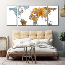 Load image into Gallery viewer, flat  world  canvas  wall  art  orange  grey  abstract  world  map  3  piece  canvas  print  flat  earth  multiple  canvas In Bedroom
