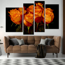 Load image into Gallery viewer, floral symmetry canvas wall art black background with close up orange rose bunch in 4 piece canvas print In Living Room
