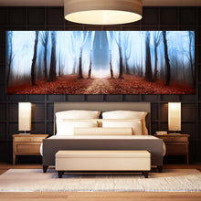 Load image into Gallery viewer, foggy fairytale wide canvas print white fog magical forest panoramic canvas wall art for bedroom
