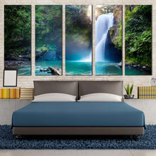 Load image into Gallery viewer, forest waterfall canvas print beautiful green forest water scene 5 piece canvas wall art jungle white waterfall multiple canvas For Bedroom
