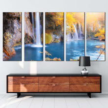 Load image into Gallery viewer, forest waterfall canvas wall art blue plitvice lakes national park 5 piece canvas croatia yellow trees autumn waterfall canvas print
