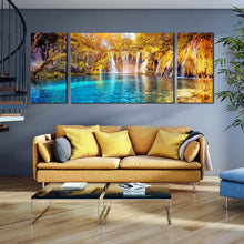 Load image into Gallery viewer, forest  waterfall  canvas  wall  art  blue  water  forest  nature  multi  canvas  yellow  green  trees  canvas  set  lakes  national  park  waterfall  3  piece  canvas  print For Living Room
