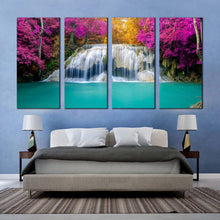 Load image into Gallery viewer, forest waterfall canvas wall art thailand colorful autumn forest scenery canvas set beautiful erawan falls 4 piece canvas print In Bedroom
